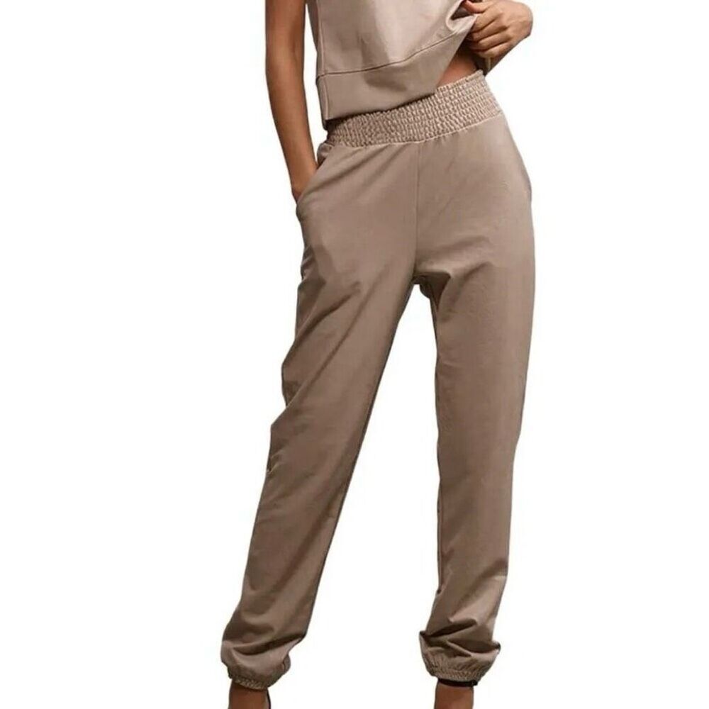 Commando, Sand Tan Faux Leather Jogger Pants Smocked Elastic Hem, Women’s Medium